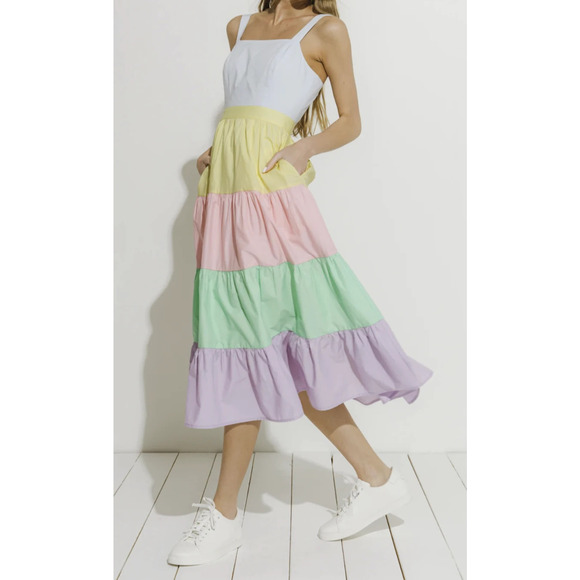 English Factory Dresses & Skirts - English Factory Pastel Color Block Tiered Midi Dress Sleeveless Size Medium